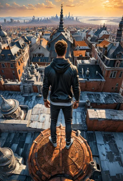 Person Standing on the Rooftop, (masterpiece, best quality, Professional, perfect composition, very aesthetic, absurdres, ultra-detailed, intricate details:1.3), by greg rutkowski