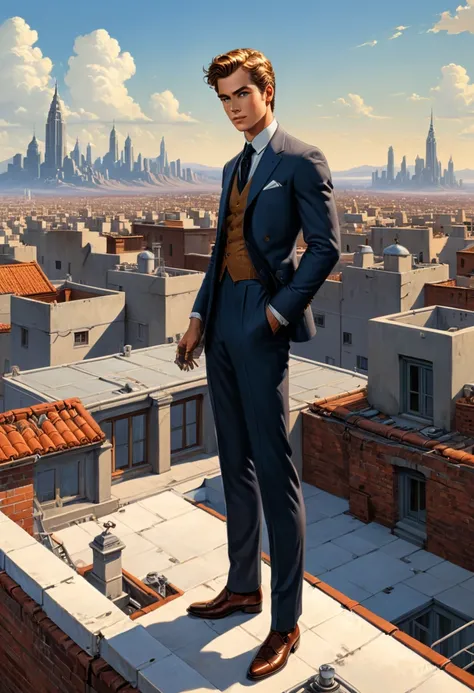 Person Standing on the Rooftop, (masterpiece, best quality, Professional, perfect composition, very aesthetic, absurdres, ultra-detailed, intricate details:1.3), by Ed Emshwiller