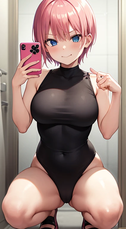 2d, masterpiece, best quality, anime, highly detailed, 1girl, solo, cowboy shot, nakano ichika, pink hair, short hair, squatting, bathroom, smug face:1.3, selfie in mirror:1.4, black swimsuit:1.3, medium breasts, medium claverage:1,3,