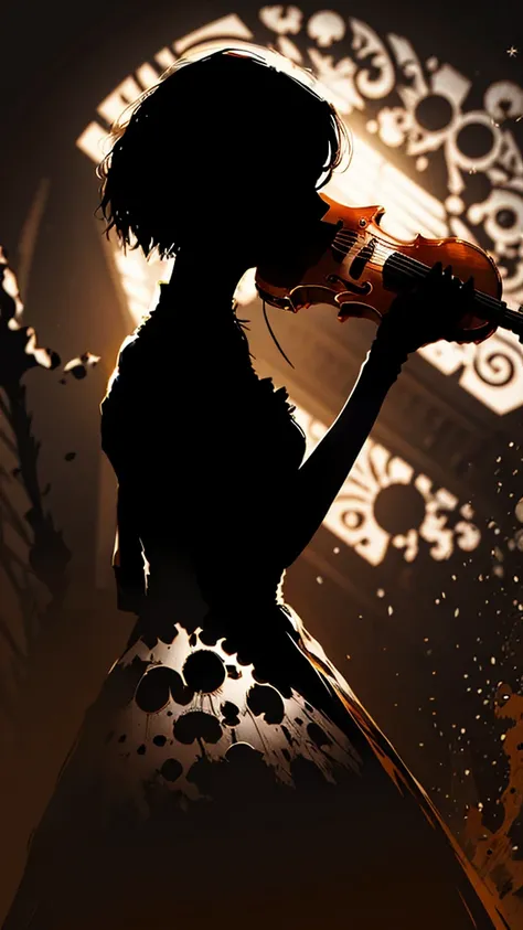 silhouette female violinist, victorian dress, sorrow splash paint art style. image in line art silhouette.