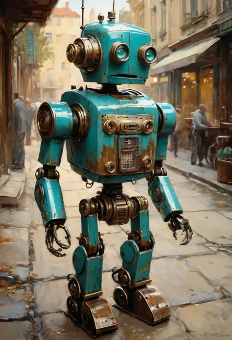 Full length view. ((Little funny ROBOT robot)), porcelain face and head, big turquoise eyes, perfect eyes, top quality style. Beautiful cinematic impressionistic picture, ((Little funny ROBOT robot)), in the style of Jeremy Mann and Charles Dana Gibson, Ma...