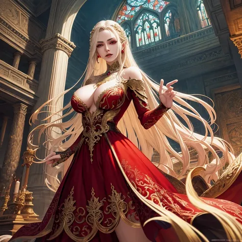 masterpiece, top-quality, high resolution,
fantasy RPG style, pale blonde adult woman,
detailed and intricately designed,
red eyes shining with otherworldly intensity,
voluminous red dress flowing around her,
large chest adorned with elaborate jewelry,
ela...