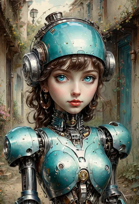 Full length view. ((Little funny ROBOT robot)), porcelain face and head, big turquoise eyes, perfect eyes, top quality style. Beautiful cinematic impressionistic picture, ((Little funny ROBOT robot)), in the style of Jeremy Mann and Charles Dana Gibson, Ma...