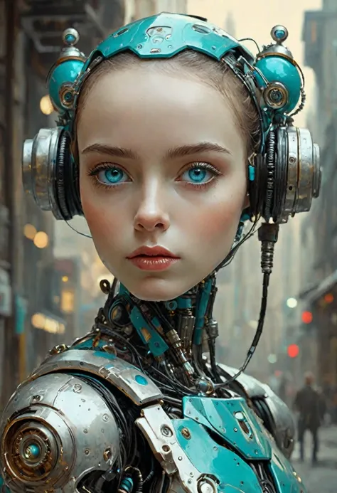 Full length view. ((Little funny ROBOT robot)), porcelain face and head, big turquoise eyes, perfect eyes, top quality style. Beautiful cinematic impressionistic picture, ((Little funny ROBOT robot)), in the style of Jeremy Mann and Charles Dana Gibson, Ma...