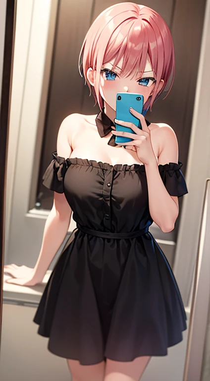 2d, masterpiece, best quality, anime, highly detailed, 1girl, solo, cowboy shot, nakano ichika, pink hair, short hair, squatting, bathroom, smug face:1.3, selfie in mirror:1.4, black dress:1.3, medium breasts, medium claverage:1,3,