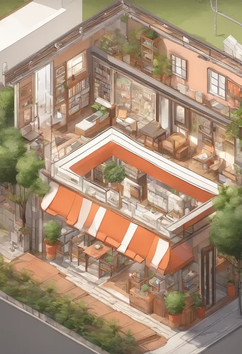 Create a charming bookstore with Showa-era aesthetics on two levels using an isometric 3D model. Upstairs, design a cozy living area that includes a living room, kitchen, bathroom, and laundry room. Adhere to minimalist Japanese design principles and incor...