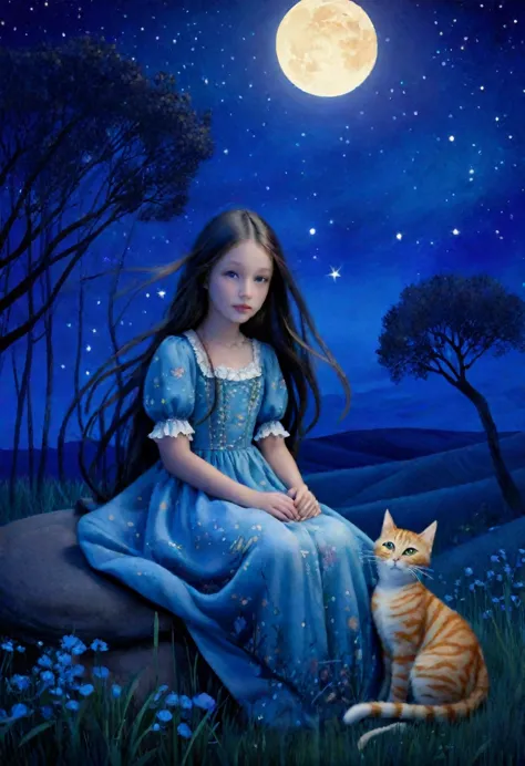 whimsical nightscape of a pretty girl with long hair sitting next to a large cat. Inspiration from amanda clark, mandy disher, nostalgic atmosphere --ar 17:25 --stylize 750. Amanda Clark, art, Mandy Disher, nightscape, nostalgic atmosphere, v 6, whimsical