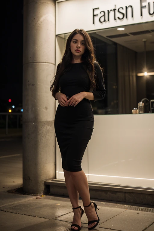 Full body photo of white woman with long curly brown hair. Wearing tight long black dress at night. 