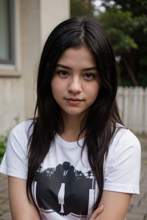 a 13 year old girl with straight black hair wearing a t-shirt 