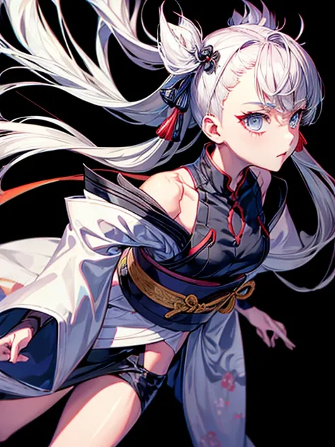 Pipe,Gray Hair,Teen,neutral,kimono,Black background,An illustration,Fantasy,1 person,Twin tails,dynamic