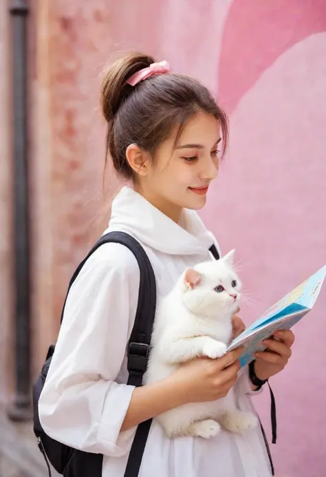 an 18-year-old girl travels through europe with a fluffy white kitten on her shoulder and a map in her hand. she wears her hair ...