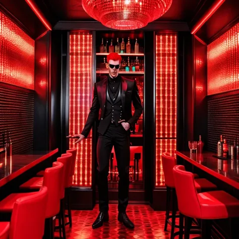 tall scary guy wearing expensive closes with red hair and a menexing look in a booth at a bar