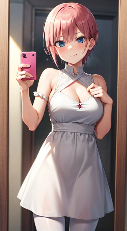 2d, masterpiece, best quality, anime, highly detailed, 1girl, solo, cowboy shot, nakano ichika, pink hair, short hair, squatting, bathroom, smug face:1.3, selfie in mirror:1.4, white dress:1.3, black pantyhose:1.3, medium breasts, medium claverage:1,3,