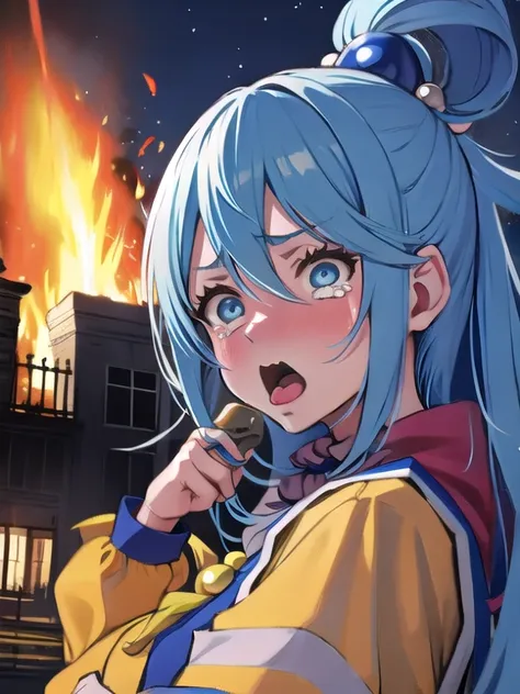 alta calidad, Obra maestra, 1 chica, IncrsRegalo, Regalo entrante, agua (konosuba), blue eyes, aguagritando, gritando, boca abierta, llorando con los ojos abiertos, incendio, fuego en el fondo, Edificio en llamas, al aire libre, noche, auto crash, auto,