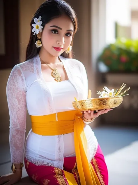 photography, woman, portrait of woman wearing hijab wearing kebaya_bali with white traditional long kebaya, red lipstick, gold necklace, earrings, decoration, detail, flowers, blurred background, soft focus