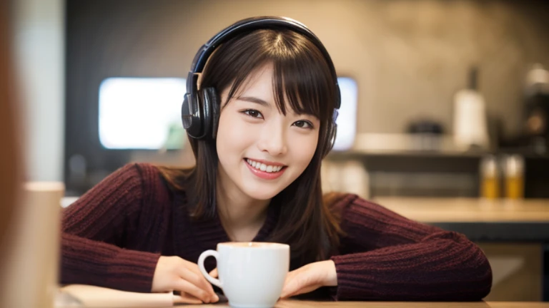 There is a woman sitting at a desk wearing headphones., detailed ３D, Background artwork, Atei Gailan 8K, Just a joke, A big smile, nice, nice, The best smug face, Smiling woman, Big smile, Smile with confidence, nice, Attractive girl, Big smile, She smiled...