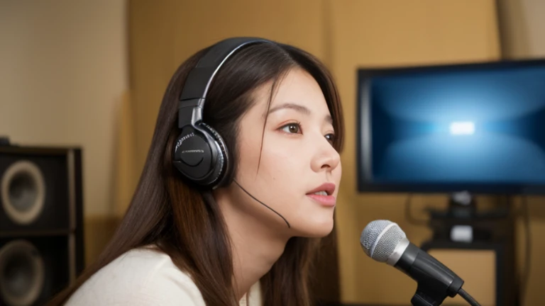 woman in a recording studio with headphones on and microphone, girl in studio, studio shot, Trend Astation Headquarters, Sit in front of the microphone, News Programs, kyoto studio, Shutterstock, Live Broadcast, studio recording, studio kyoto, studio, Prom...