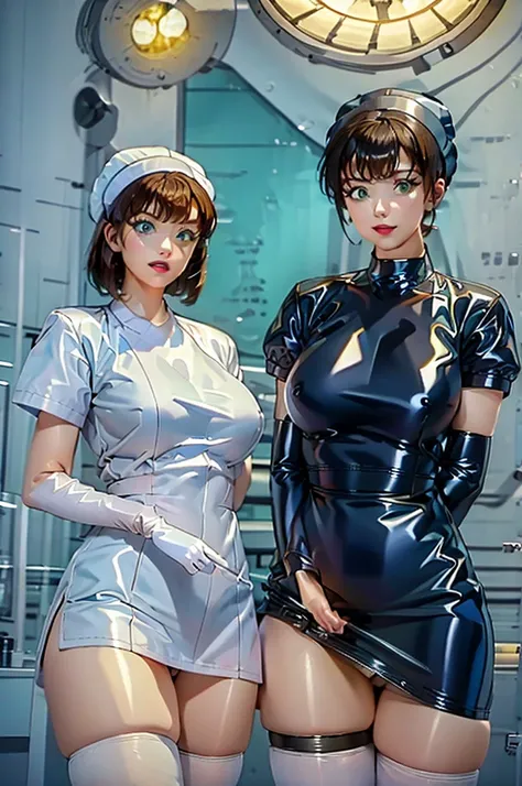 nurse uniform,hospital, latex nurse suit,nurses,busty,elbow gloves,labcoat,dark green hair woman,white eyes , gigantic ,medical instruments,asian nurse,two nurses,speculum,examination room,oversize ,big ass ,strap on, lay on table ,legs spreaded,giving bir...