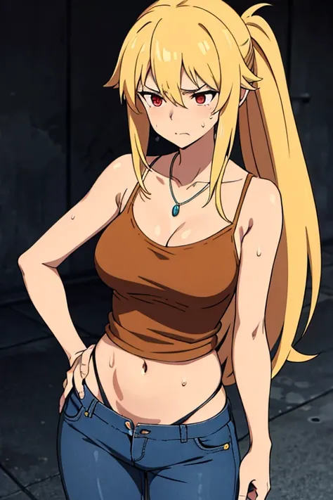 tan-skinned anime woman wearing a cami top and jeans, famished, (necklace), (sweating), (long hair), (right hand on stomach in pain), (right hand on stomach)