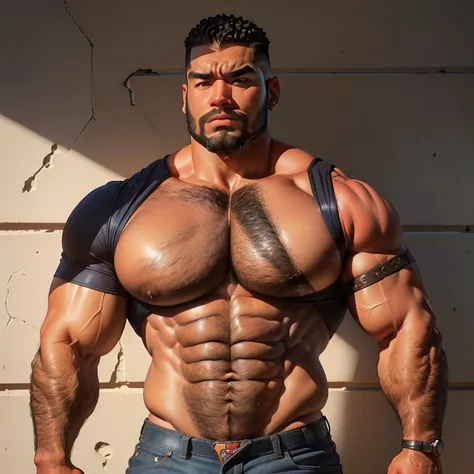 un guardaespaldas exageradamente musculoso y grande, stocky constitution, barba, hombre afroamericano de piel oscura, shaved hair with square line, (stern expression: 1.2), sin camisa, (bara pectorales: 1.9), (pelo de brazos y pecho: 1.8), retrato de prime...