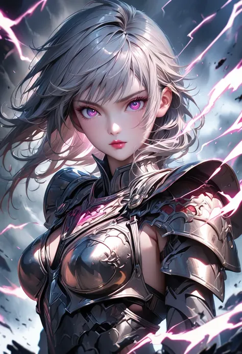 (masterpiece),(best quality:1.0), (ultra highres:1.0), detailed illustration, 8k, anime, 1girl, pretty pose, pretty face, detailed face, beautiful eyes, best quality,ultra-detailed,realistic,Final Fantasy 13 character (Lightning Farron) in (metal bikini ar...