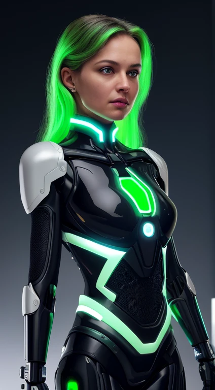 Uma jovem confiante, avec des cheveux brun olive et des yeux vert vif, senta-se em uma cadeira de estilo futurista, with a black and white cybernetic suit that glows with interchangeable lights on his chest and arms. The suit is decorated with metal plates...