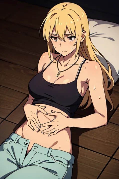 tan skinned anime woman wearing a cami top and jeans, famished in hunger, (necklace), (gently resting hands on stomach), (sweating), (lying down)