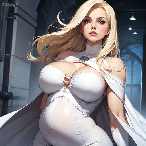  pregnant Emma Frost, tight white crop top, tight white leggings, white cape, white lipstick, blonde hair, big breasts, seductive pose, showing skin