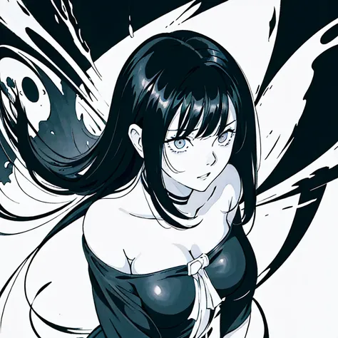 anime girl with long black hair and black dress standing in sand, black and white manga style, hinata hyuga, ink manga drawing, nico robin, black and white manga panel, black and white manga, sui ishida with black hair, extremely fine ink lineart, & her ex...