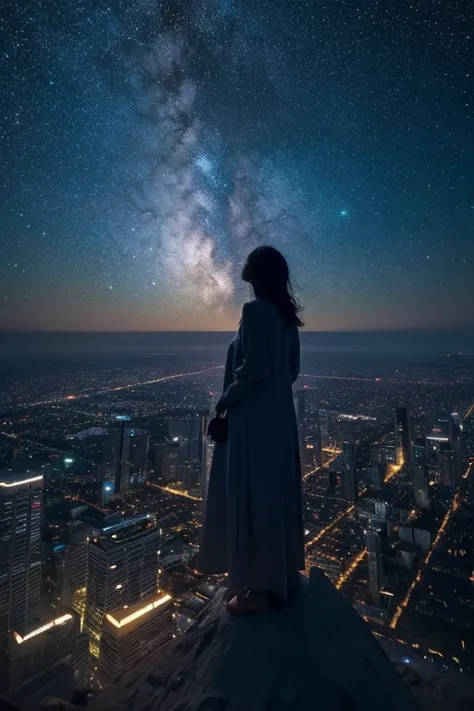 A woman standing on the roof of a skyscraper, looking up from the ground, Rooftop Focus，Enveloped in a vortex of cosmic energy, In a dream, Hazy landscape. The human silhouette is enveloped in fluidity, A shimmering garment that blends into the flow of the...