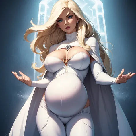  pregnant Emma Frost, tight white crop top, tight white leggings, white cape, white lipstick, blonde hair, seductive pose, big breasts