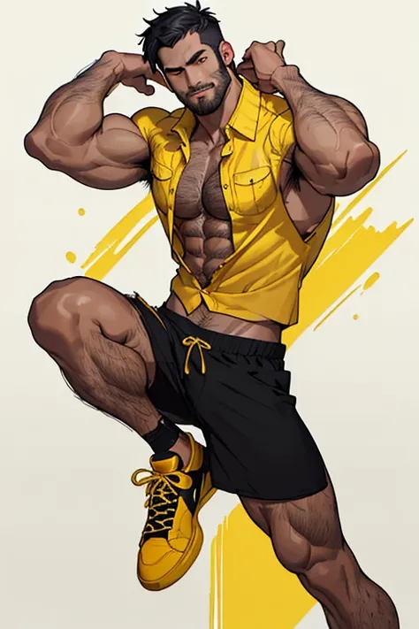 ((muscular man)) ((naked torso)) ((short black shorts)) ((muscular legs)) ((muscular arms)) ((black tattoos on arms)) ((muscles)) ((black hair)) ((stubble on the face)) ((hairy body)) ((yellow sneakers)) ((drawing details)) ((drawing the face)) ((high qual...