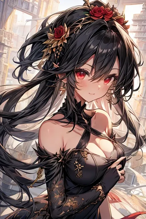 yor briar, anime style beutiful woman, 1girl, happy, smile, red face, closed mouth, beautiful detailed eyes, super detailed skin, backlighting, bare shoulders, black background, black dress, black gloves, black hair, breasts, dress, earrings, fingerless gl...