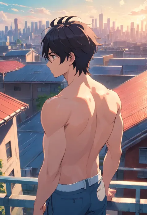 From behind we see a 30-year-old man, short black hair from splendid to the camera standing Shirtless 30-year-old man looks at a city fence from the top of the school roof Sadly pensive, muscular, muscle 