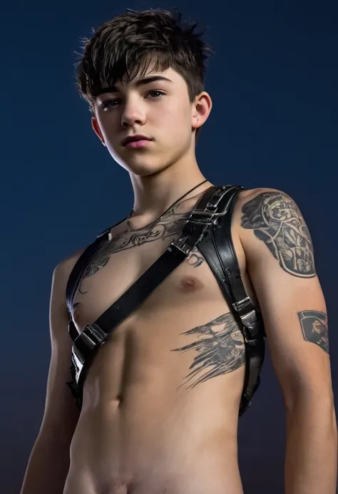 A detailed realistic photo of a young beautiful twink 18-year-old Caucasian boy cyberpunk shadow hunter with a realistic preternaturally cute boyish face (Asher Angel). Naked. Lean. Skinny. Short black hair. Sidecut. Tattooed. Overlooking a glowing cyberpu...