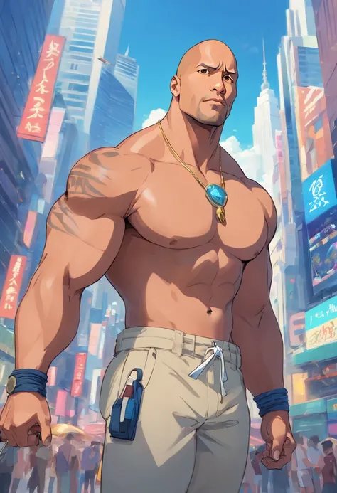 Dwayne Johnson como Mataius como Rey Escorpión ::cores vivos estilo anime ,cuerpo entero ::_estilo de ojos,extremadamente musculoso y omoxesual y gran bulto inminente entre piernas 