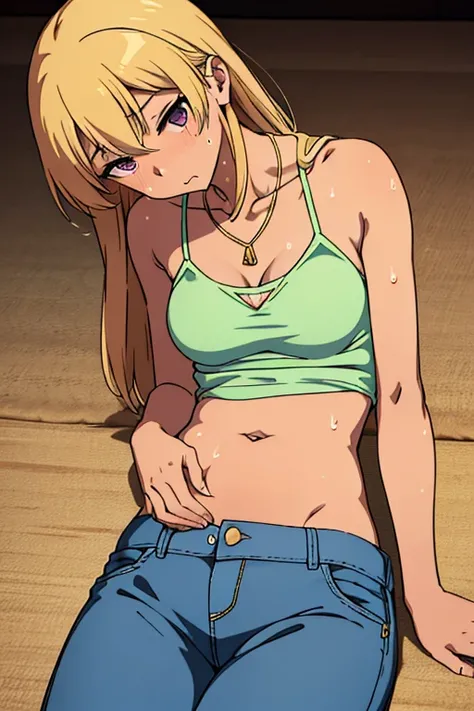 tan skinned anime woman wearing a triangle cami top and jeans, famished in hunger, (necklace), (gently resting hands on stomach), (sweating), (lying down)