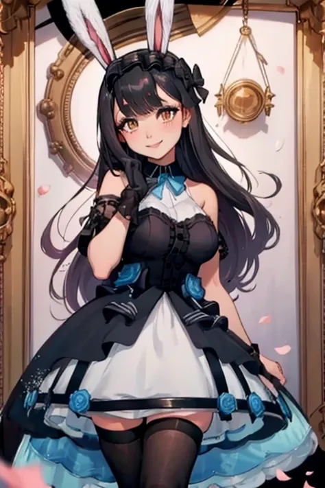 a black haired woman with brown eyes with an hourglass figure with black bunny ears in a cute lolita is smiling in a flurry of r...