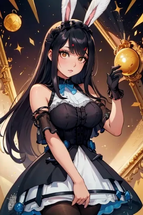 a black haired woman with brown eyes with an hourglass figure with black bunny ears in a cute lolita is playing with a golden ba...