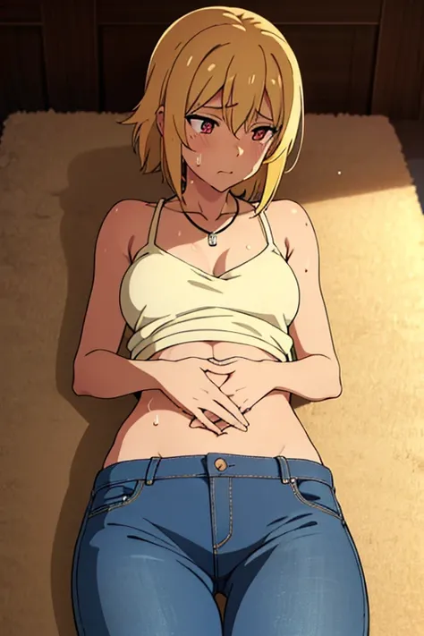 tan skinned anime woman wearing a cami top and jeans, famished in hunger, (necklace), (gently resting hands on stomach), (sweating), (lying down)