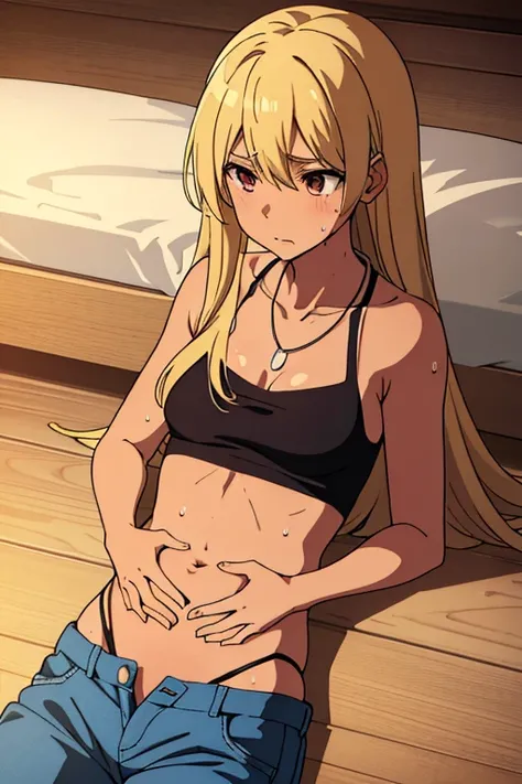 tan skinned anime woman wearing a cami top and jeans, famished in hunger, (necklace), (gently resting hands on stomach), (sweating), (lying down), (long hair), (hands on stomach)