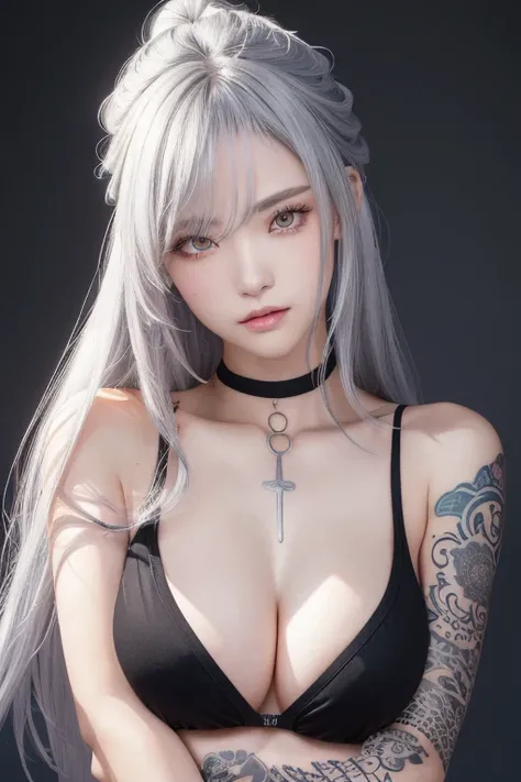 Anime Style、White skin、Gray Hair、Upward-facing eyes、Large and conspicuous、dark、female、高周波のdetailed (((Sharpness))))、((Sharp Focus: 1.2)Face_v1:0.7)hand、Well drawn best height resolution wallpapers、Original High Resolution、Bare legs、Exposed breasts、（Work - ...