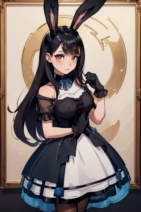 a black haired woman with brown eyes with an hourglass figure with black bunny ears in a cute lolita is standing in front of a f...