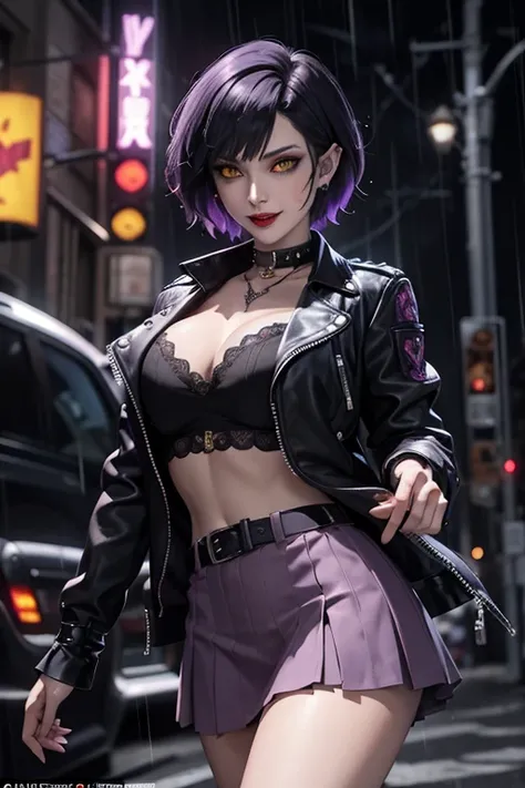 Beautiful vampire, short hair like Lady from Devil May Cry, yellow eyes with punk style makeup, purple lipstick, wearing gray blouse and short skirt, with punk style jacket, showing her defined abdomen, charming smile, in the night city with soft rain