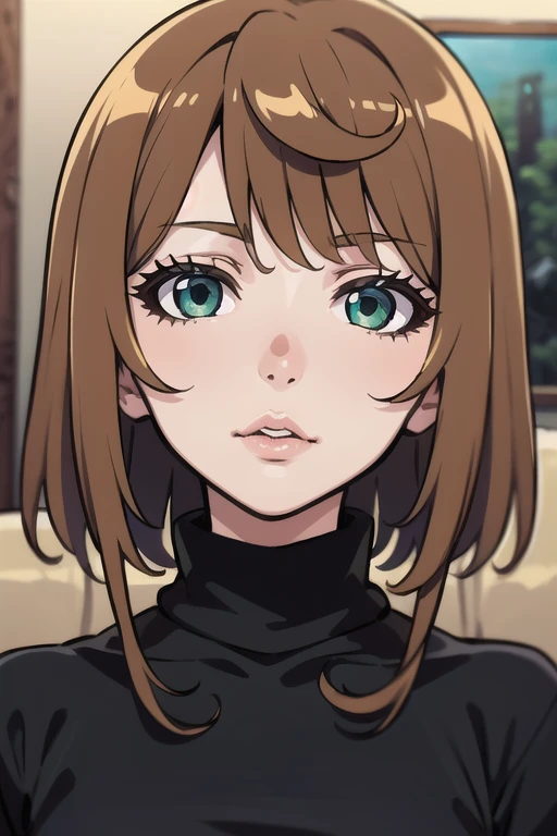 (masterpiece), best quality, beautiful detailed hair detailed face, girl, solo, close-up portrait, narrow perspective, perfect feminine face, very stunning woman, (black turtleneck:1.3), sitting on the couch, chesnut brown hair, green eyes, by akira yasuda...