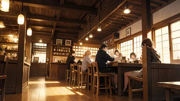 Cafeのインテリア, 心地よいCozy atmosphere, coffee shop, Cozy atmosphere, Cafe, Warm and fun atmosphere, Wide Full Shot, Nostalgic atmosphere, Warm lighting inside, Cozy atmosphere, A multifaceted cozy izakaya, A luxurious study with warm lighting, Dark lighting - st...