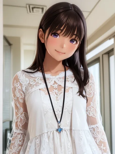 High resolution,In 8K,highest quality,detailed,Semi-realistic anime,Anime 3D Style,Smooth anime CG,One Girl,19-year-old woman in Japan,slim,Modeled,Shiny brown hair,Medium Hair,detailedな顔,Beautiful and detailed,Glowing Skin,White lace dress,straggling hair...