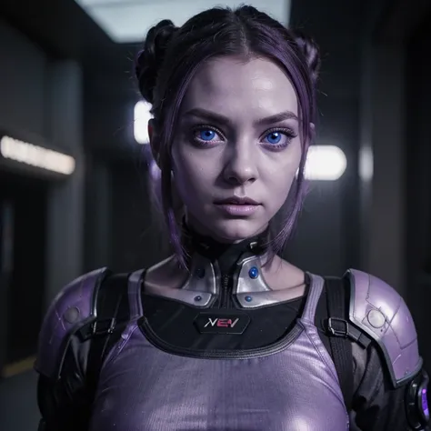 A beautiful alien girl, purple skin tone, hyper realistic, wearing a grey cyberpunk dress, looking at straight to the camera, big blue eyes, big , sexy, very detailed, realistic 