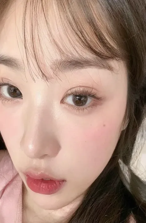 Un primer plano de una mujer con cabello largo y una camisa rosa, ulzzang, Jiminhis right eyelid is swollen, Hermoso rostro estetico, rasgos de la cara coreana, pale korean adorable face, maquillaje popular de corea del sur, joven y adorable rostro coreano...