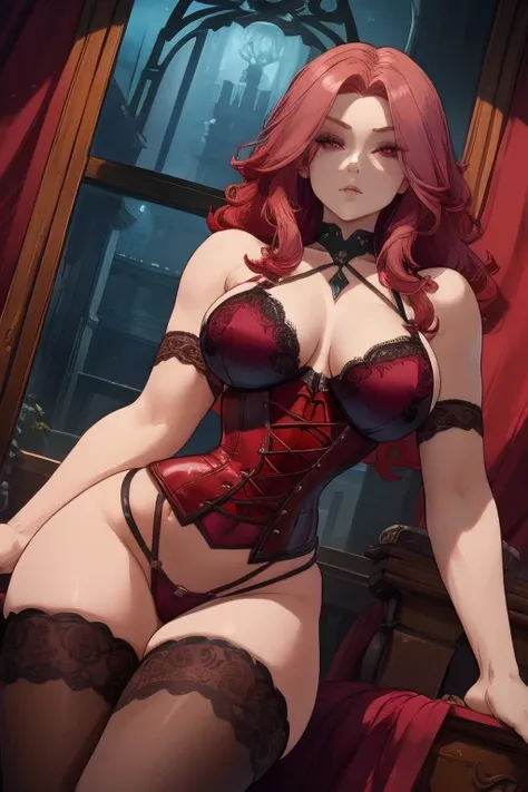 A red haired woman with red eyes with an hourglass figure  in a lacy corset is posing with a pink haired woman with violet eyes with an hourglass figure in a corset on their haunches